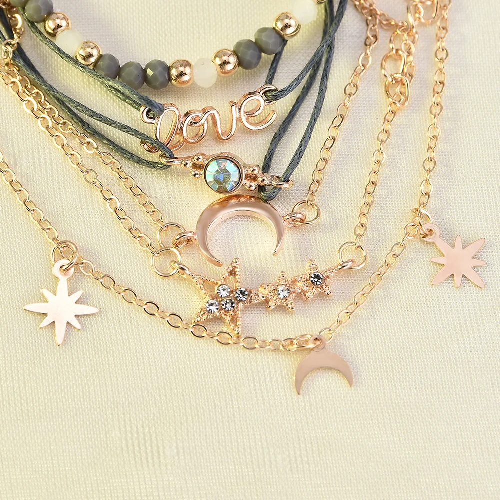 Новая мода Богемия Женщины 6 шт кристаллы Луна и звезда Регулируемый Открытый браслет ювелирные изделия