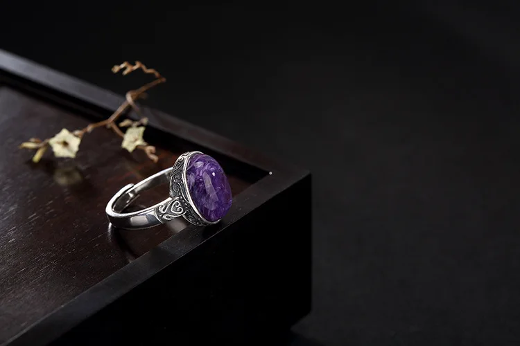 Новое Женское кольцо из чистого 925 пробы серебра с натуральным драгоценным камнем, элегантное регулируемое кольцо с чароитом, прекрасный подарок