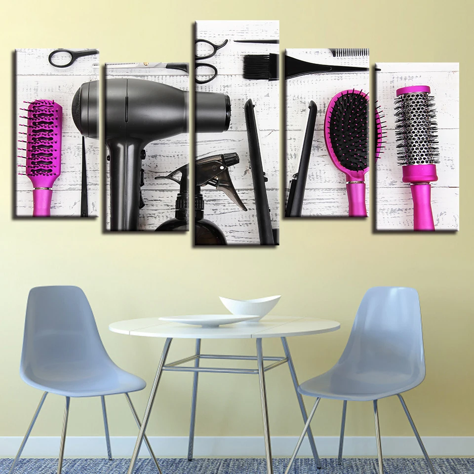 5 Piece Machine Hair Dryer Hairdresser Tool Comb Canvas painting Wall Art modern decorative