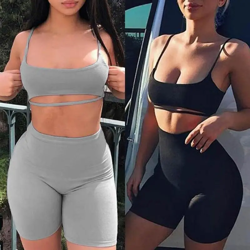 المرأة الصيف مثير الجوف خارج اثنين من قطعة مجموعة المحاصيل قمم السائق السراويل بلون Bodycon رياضية عالية الخصر اللياقة البدنية الرياضة الزي