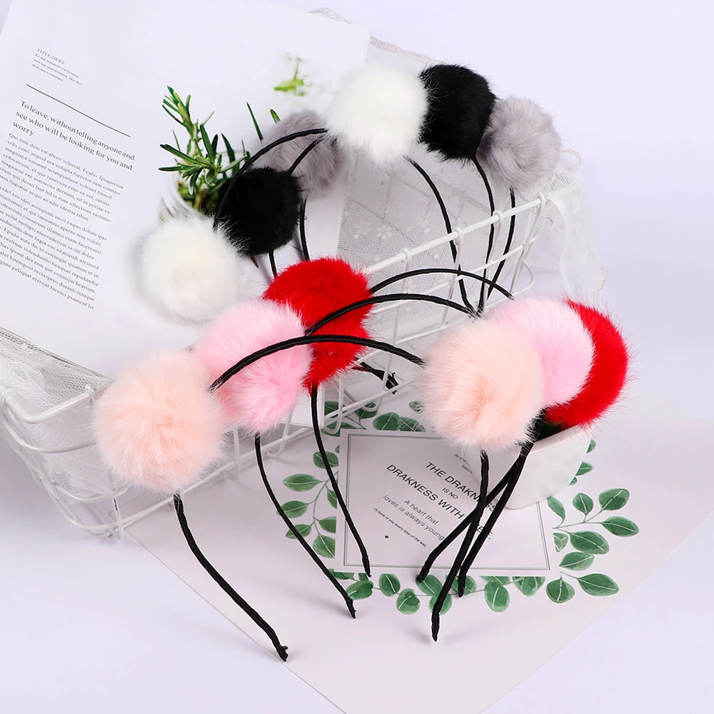 New Lovely Sweet Pom Fur Ball Furry Ears Fluffy Rabbit Fur Ball Women Headband