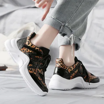

Casual Leopard Shoes Women Chunky Sneakers Platform zapatos de mujer Patchwork Cross-tied chaussures femme Lady Leisure footware