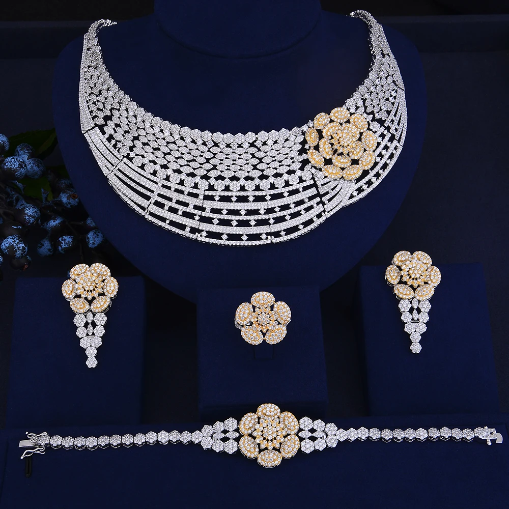 

4PCS Deluxe Flower Shape dubai gold jewelry sets for women CZ Big Collar Necklace Earrings Bracelet Ring Set ensemble bijoux