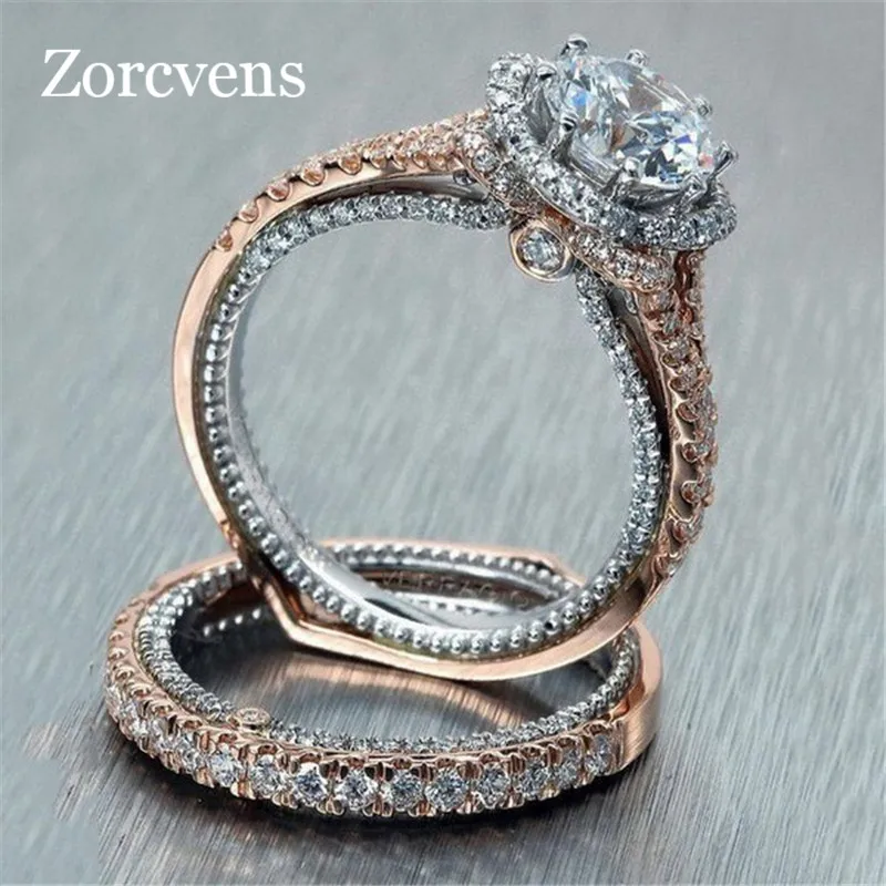 

ZORCVENS 2pcs/lot Rose Gold and Silver Color Engagement Rings Set AAA Zircon Wedding Rings for Women High Quality