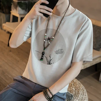 

2019 Men's Summer Casual Style New Chinese Style Men's Cotton and Linen Linen Short-sleeved Printing T-shirt Male Large Size