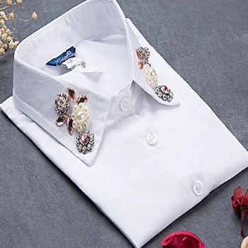

2017 Cute style Fashion Choker Neck Lapel Beaded ladies blouse collier femme solid cotton fake collar