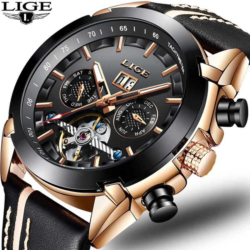 

2019 New Men Mechanical Watch LIGE Automatic Mechanical Watch Men Military Leather Waterproof Sport Clock Relogio Masculino+Box