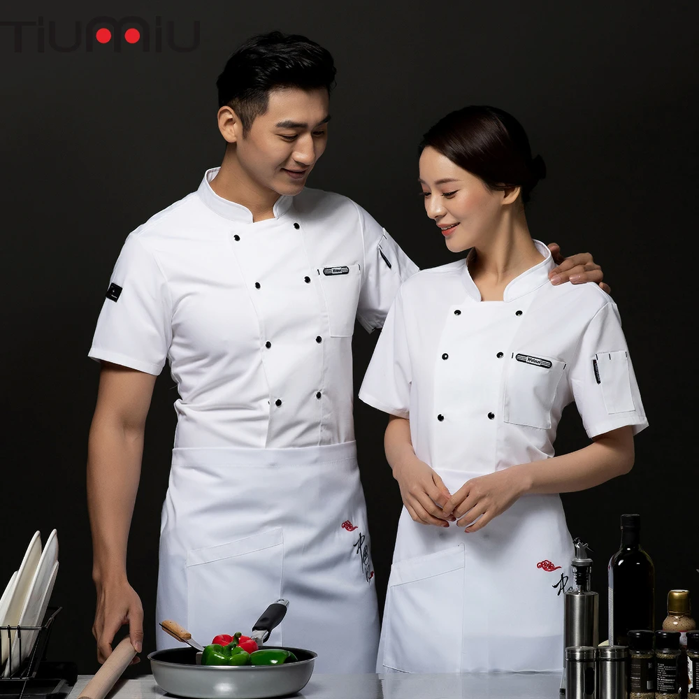 

2019 Chef Jacket Short Sleeve Kochjacke Cook Uniform Cake Canteen Dining Hall Waiter Waitress Cafe Bakery Summer Work Clothes
