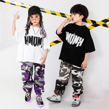 Детская одежда в стиле хип-хоп Футболка больших размеров камуфляжные повседневные штаны для бега для девочек и мальчиков, танцевальный костюм, одежда для бальных танцев