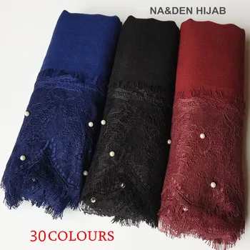 

100PCS New pure color lace bead design Scarf gorgeous bandana silk scarf Muslim hijabs scarf independence packing fast shipping