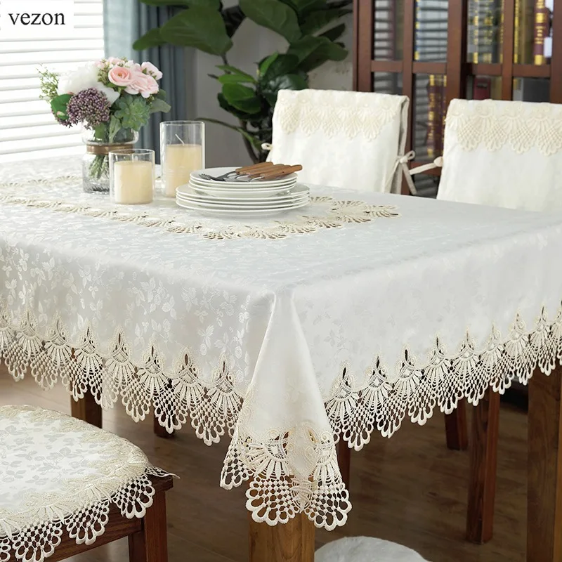 vezon Hot Sale Elegant Lace Tablecloth for Wedding Party Home Daily Satin Table Linen Cloth Tea Cov