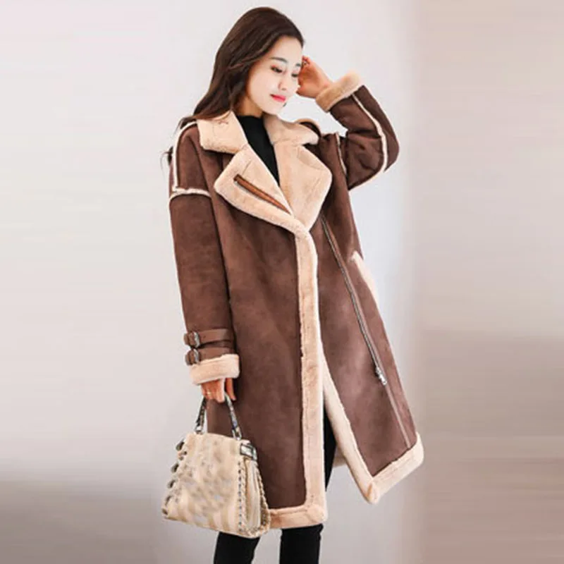 Зимняя женская замшевая кожаная куртка, Женская длинная мотоциклетная куртка из овечьей шерсти, толстая овечья шерсть, теплое пальто на молнии, верхняя одежда QH1227 - Цвет: light coffee