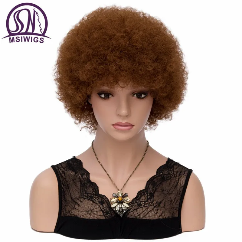 MSIWIGS Короткие вьющиеся афро парики для Для женщин темно-коричневый полный синтетический парик волос коричнево-красный Америка африканский