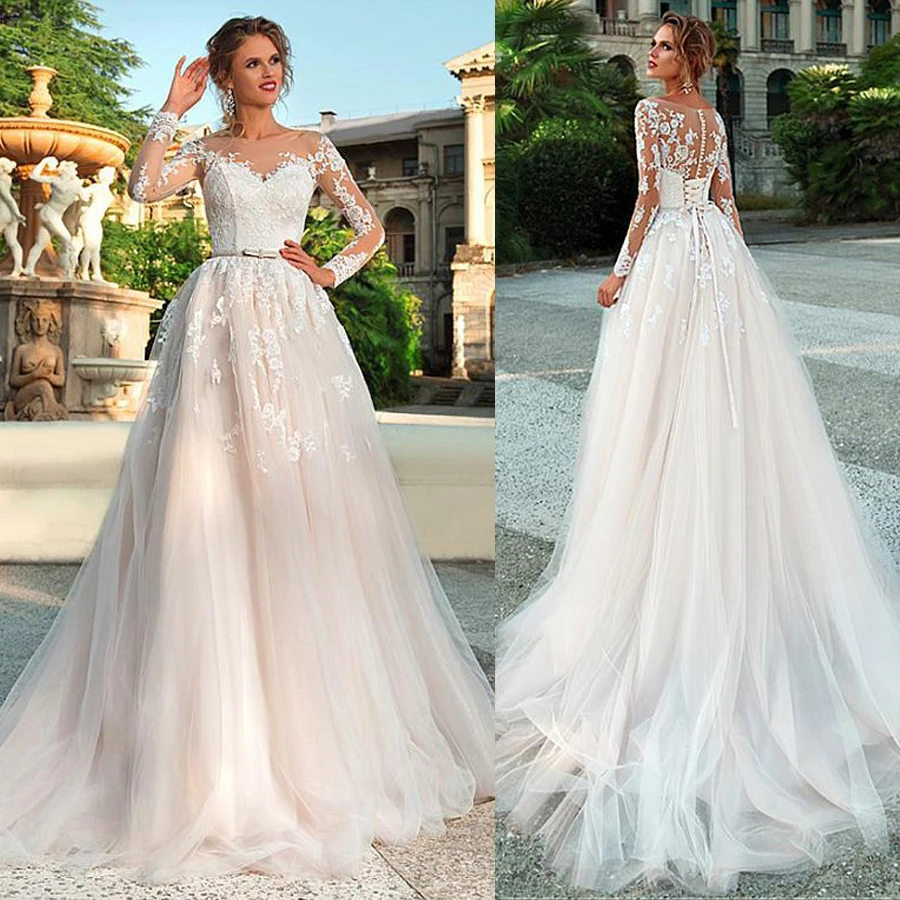 Шикарный Тюль Bateau Neck A Line свадебное платье с кружевными аппликациями
