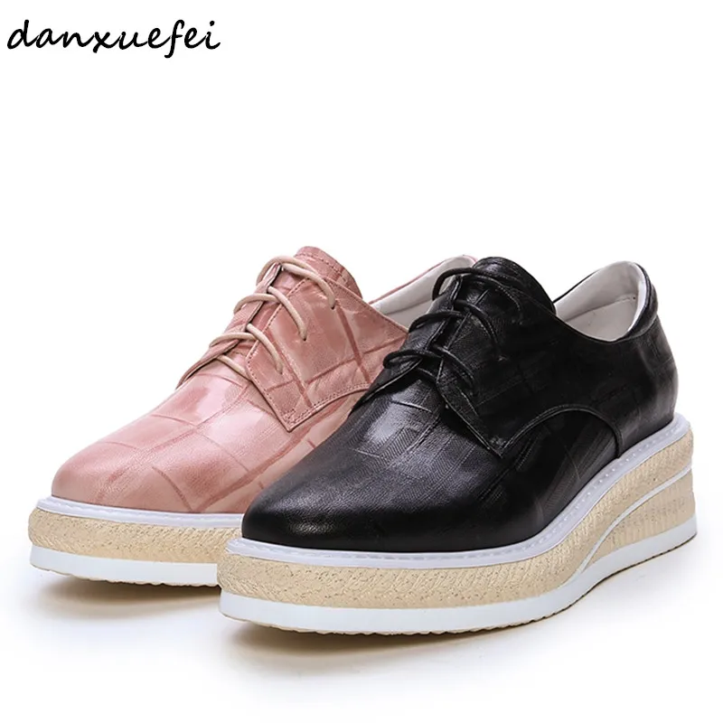 

Plus size 34-42 women's genuine leather platform falts oxfords Stone pattern lace-up leisure female comfortable footwear shoes