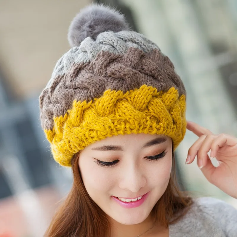 Rabbit Fur Ball Hat For Women2016 New Fashion Hand Crochet Multicolor Autumn And Winter Warm Cut Knitted Cap 6 Colors
