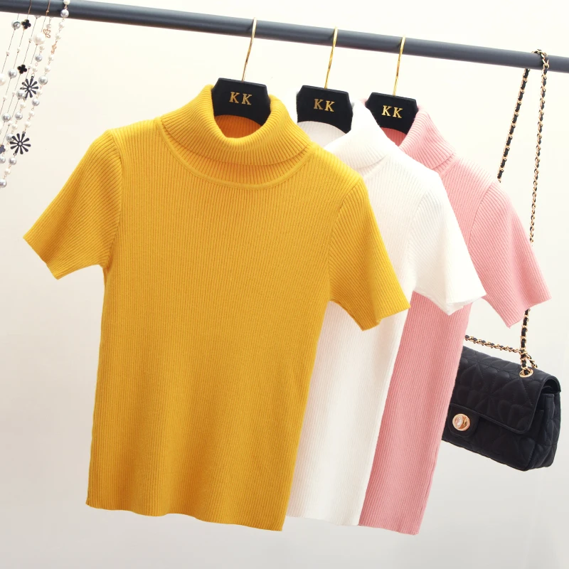 

2019 Spring Women's Short-Sleeved Sweaters Women Slim Knitted Tops Turtleneck Solid Color Pullovers Tees 7 Colors