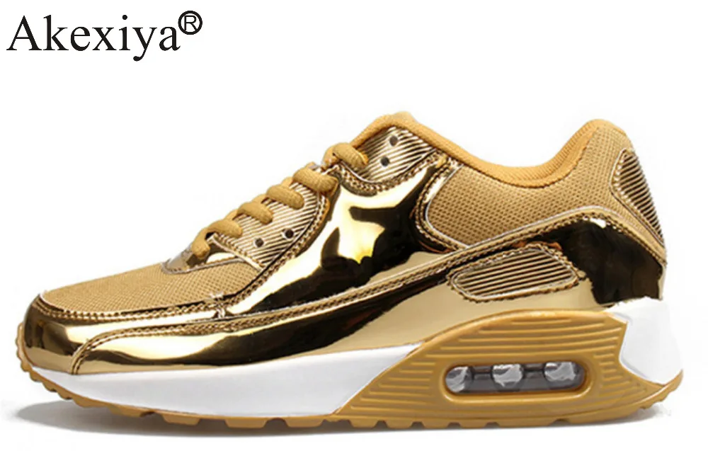 Akexiya Men Running Shoes Glossy Gold Comfortable Cushion Sneakers Men Outdoor Athletic Anti