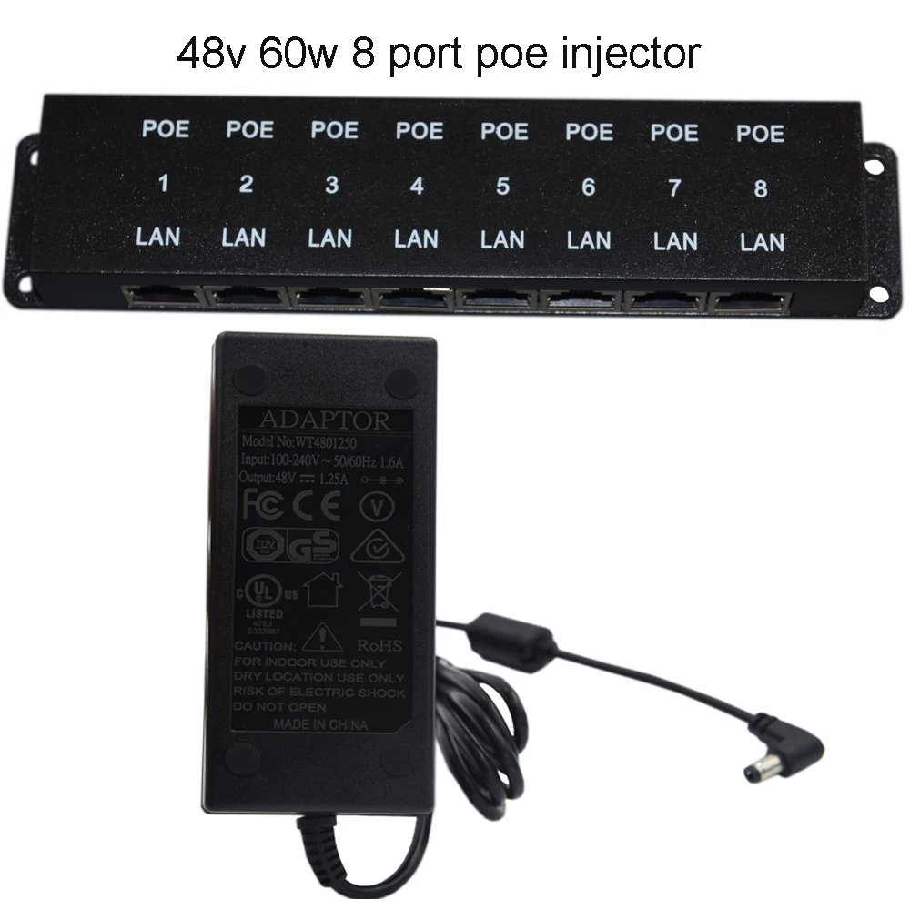

8 Port Wall Mount 10/100 Power over Ethernet PoE Injector with 48 volt 60 watt Power Supply: POE-8-48v60w