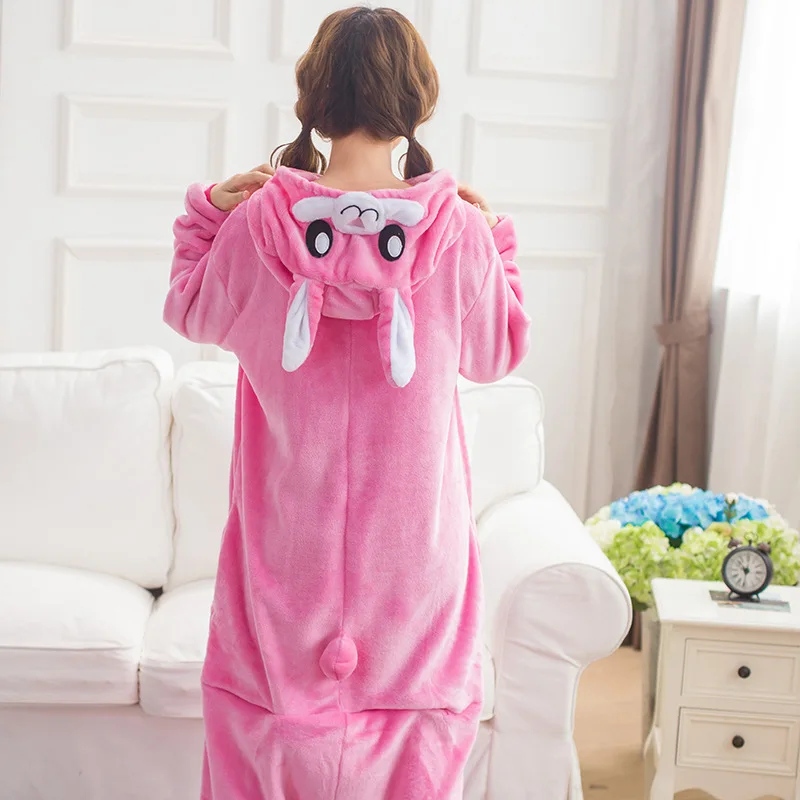 Взрослые животные Kigurumi розовый кролик пижамы комплект косплей молния комбинезон