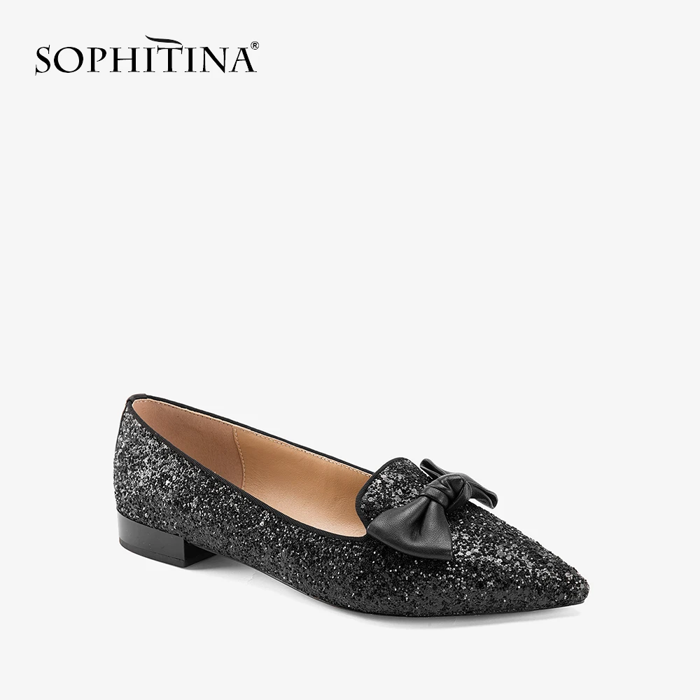 Chaussures Base Partie Glitter Mode golden Appartements P105 silver noeud Femme Black Dame Cuir Slip Fille Sophitina Bout on Pointu De Papillon Bling En Lj4R5A3