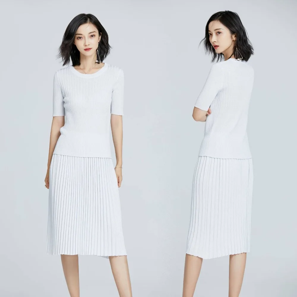 

2019 Spring 2 Pieces Sweater Dress Set Women Short Sleeve Slim Office Lady Autumn Casual Pullover Knitted Dresses Clothing Suit