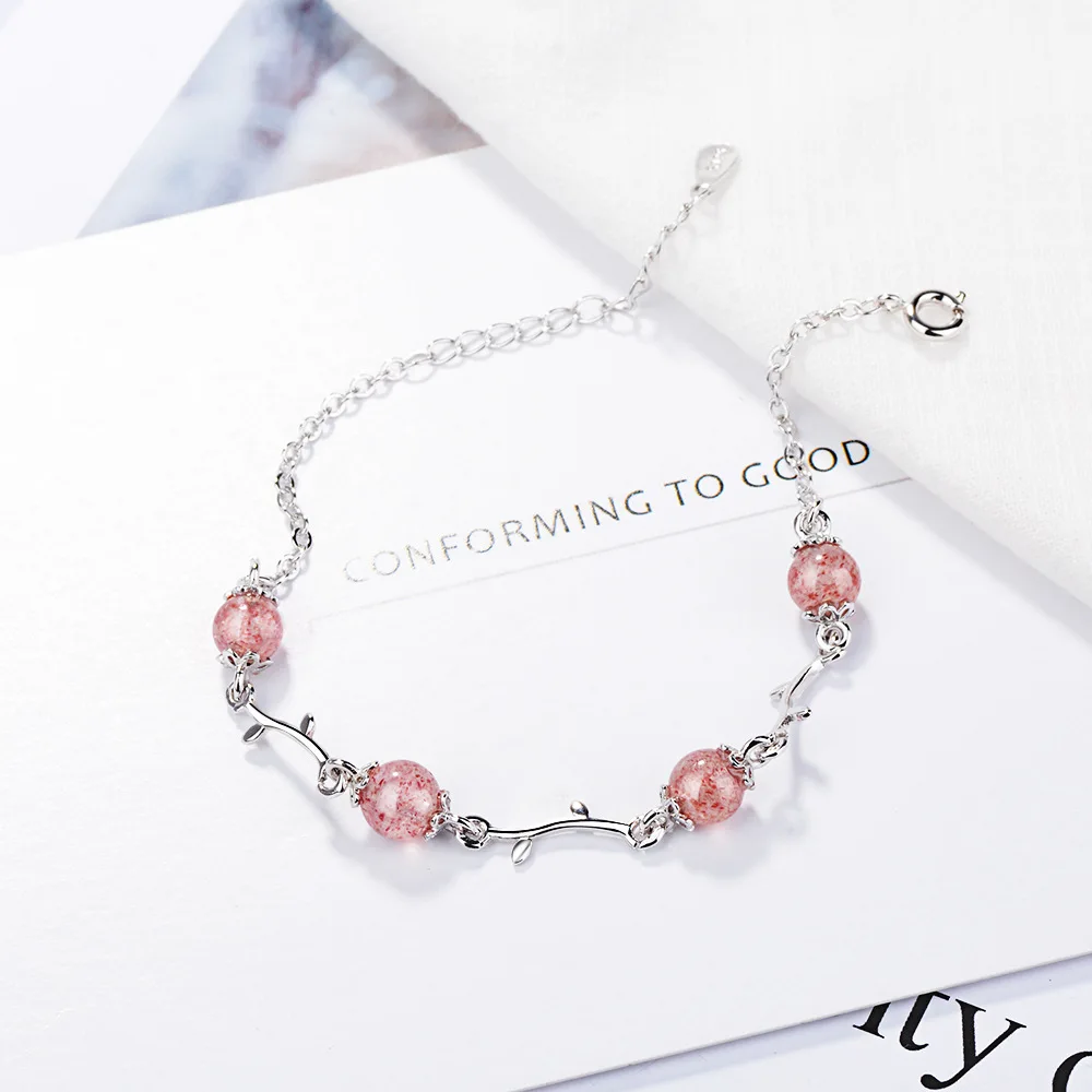 

anenjery Delicate 925 Sterling Silver Natural Strawberry Crystal Branch Chain Bracelet For Women Gift S-B175