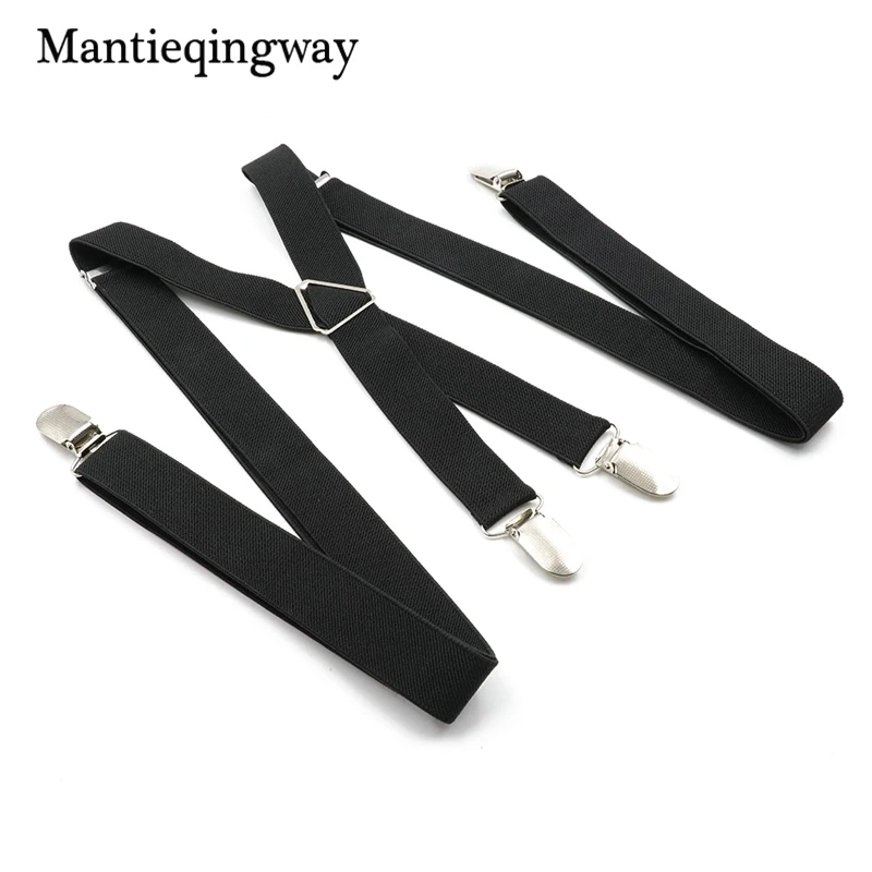 Mantieqingway черные подтяжки для мужчин 4 зажима ремень сплошной цвет регулируемые