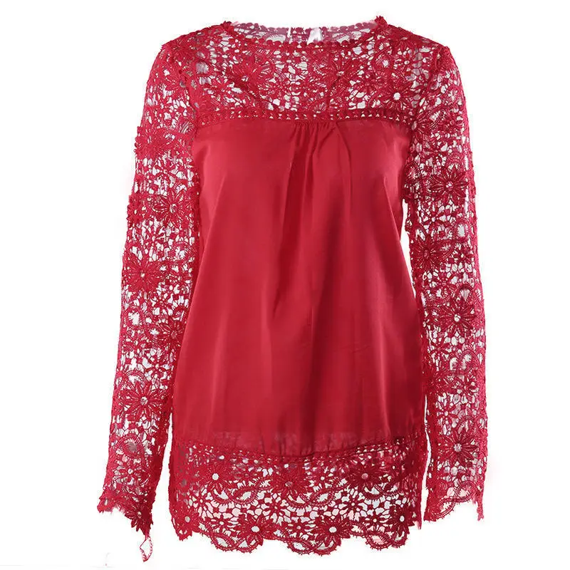 Шифоновая кружевная блузка, рубашка размера плюс 6XL 7XL, вышивка, пэчворк, Женская Повседневная рубашка с длинным рукавом, женские свободные топы, женская рубашка