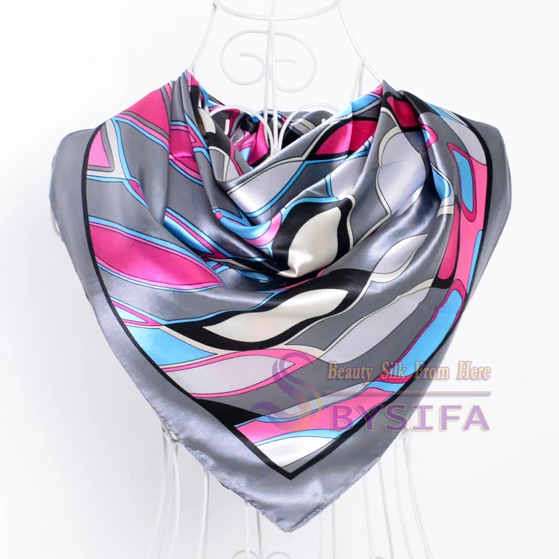 [BYSIFA] весенний, серый, розовый Шелковый шарф для дам, весенний, осенний, атласный, Большой, квадратный, шарфы, обертывания, 90*90 см, шарфы с геометрическим узором