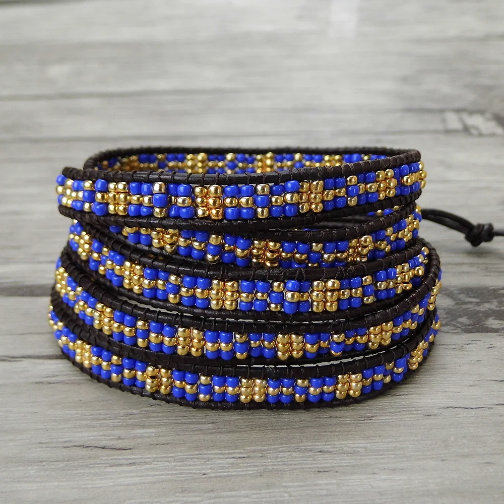Blue tiny seed beads bracelet leather wraps beaded bracelet seed bead