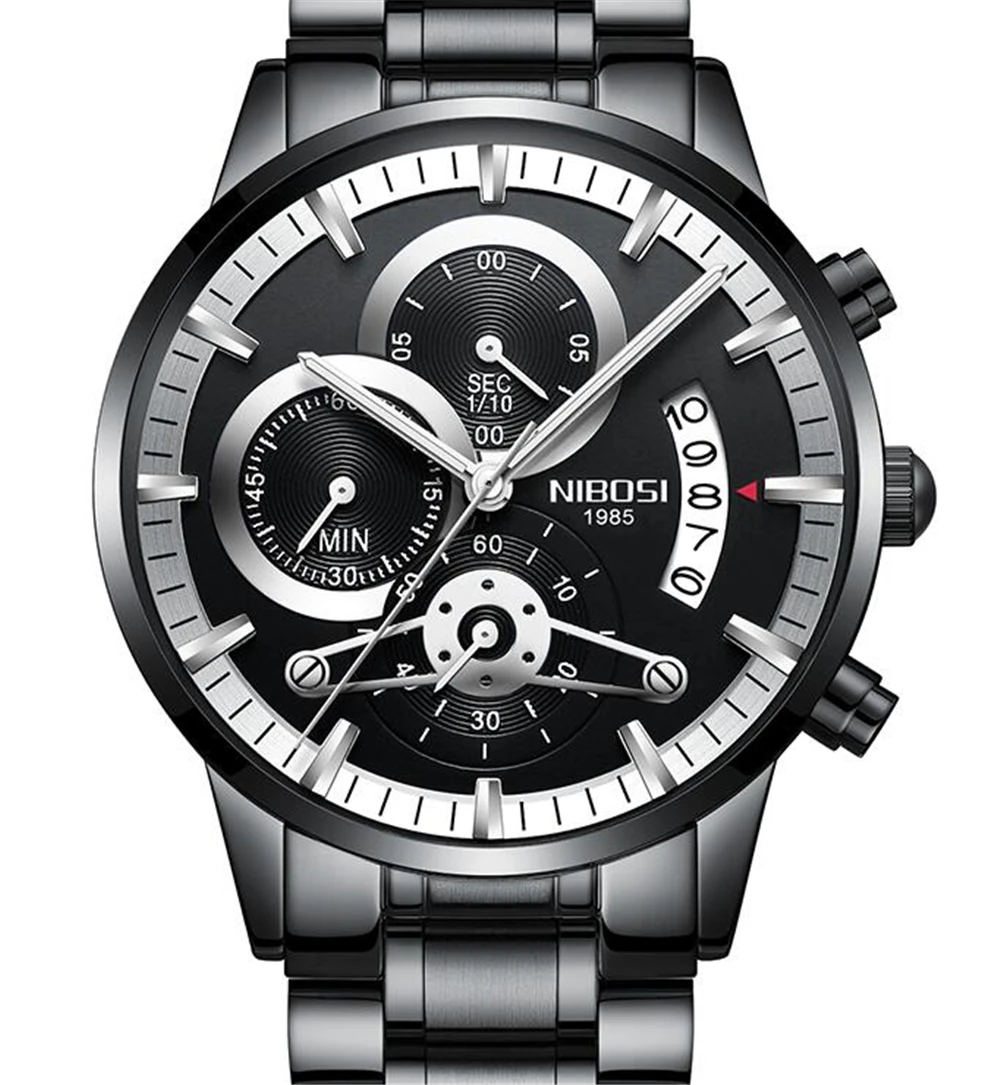 

NIBOSI Men's Watch Luxury Date Calendar Chronogra Watch For Men Military Waterproof Sports Black Stainless Steel Wrist Watches