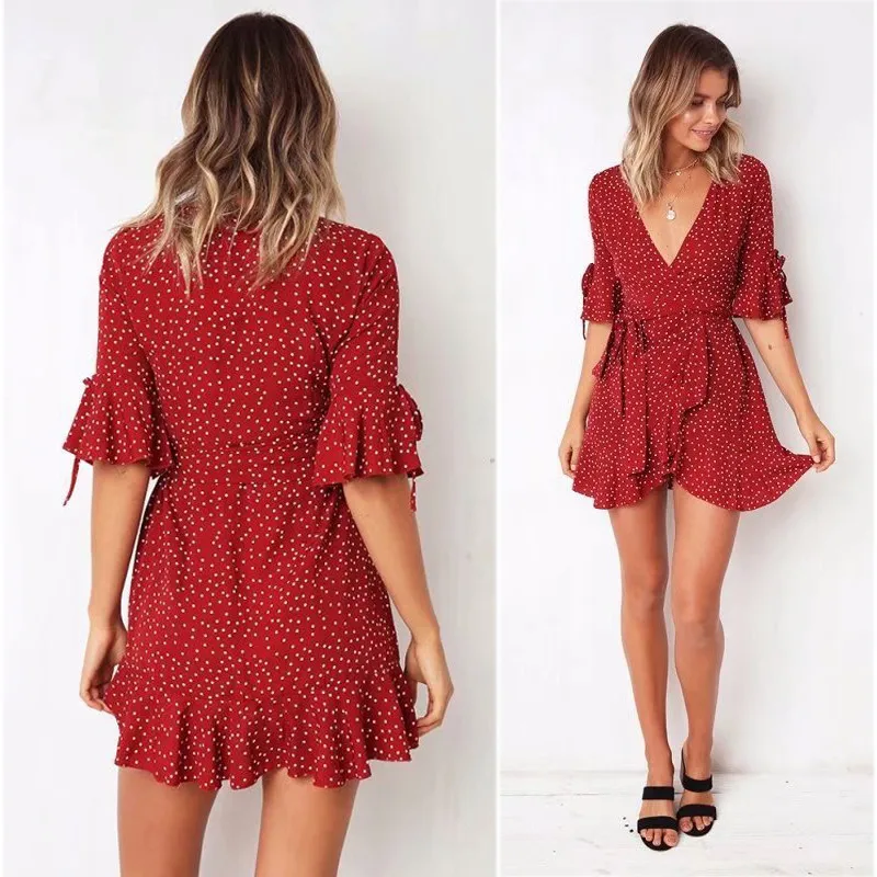 yinlinhe Red Polka Dot Summer Dress Short Sleeve V neck Sexy Wrap Dress Women Slim Waist Elegant Boho Ruffles Vestidos