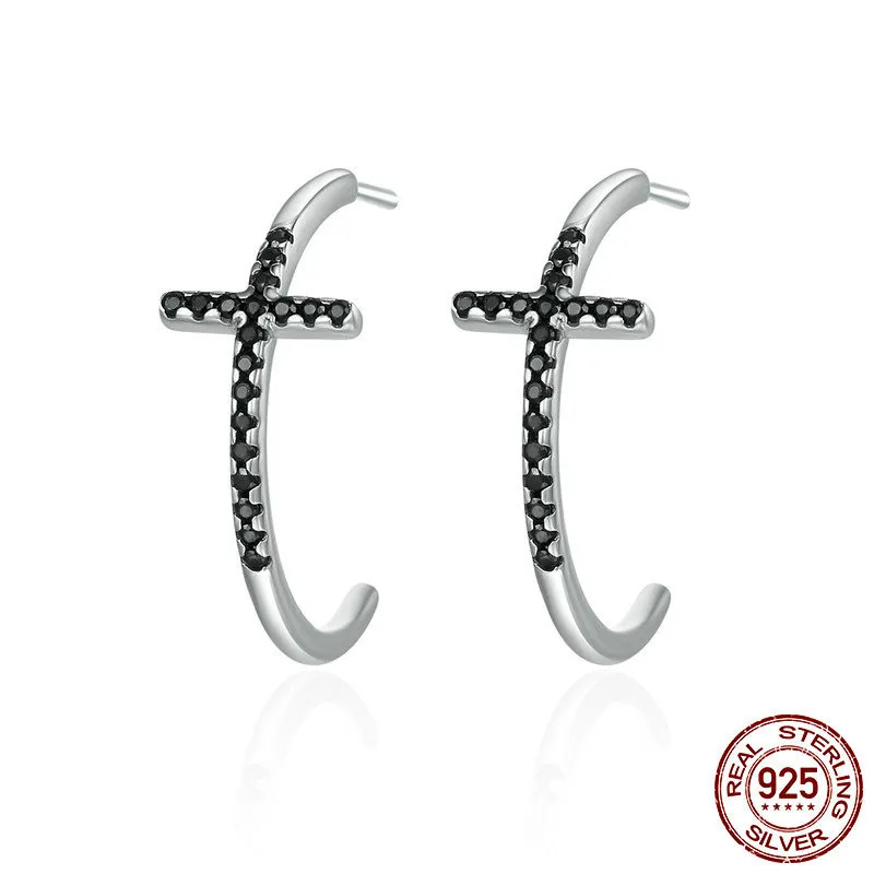 

Elegant trendy 925 pure silver earrings in Europe and America Women's Cross Semi-circle Large Earrings 925 Silver Earrings