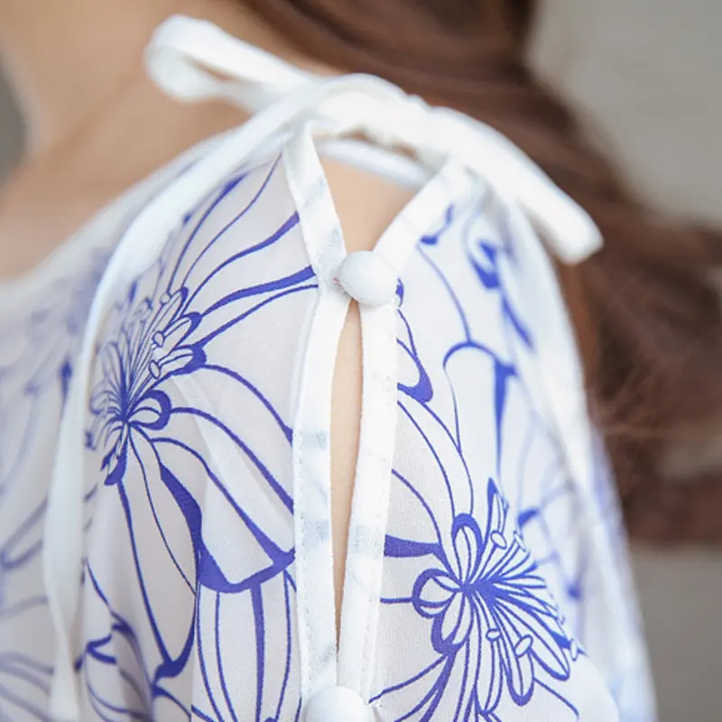 2018 г. летние женские Blusas лук Половина рукавом женский цветочный шифоновая блузка