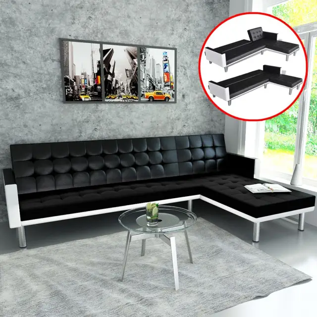 Vidaxl L Shaped Sofa Bed Artificial Leather Black And White In Vidaxl L Shaped Sofa Bed Artificial Leather Black And White