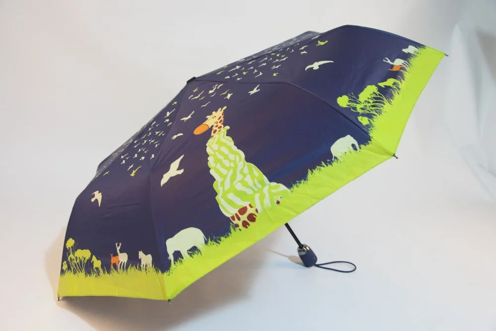 

2018 Cute Giraffe Cartoon Zoo Sun Rain umbrella for women 3 folding Full Automatic novelty items with Black Coating Umbrellas
