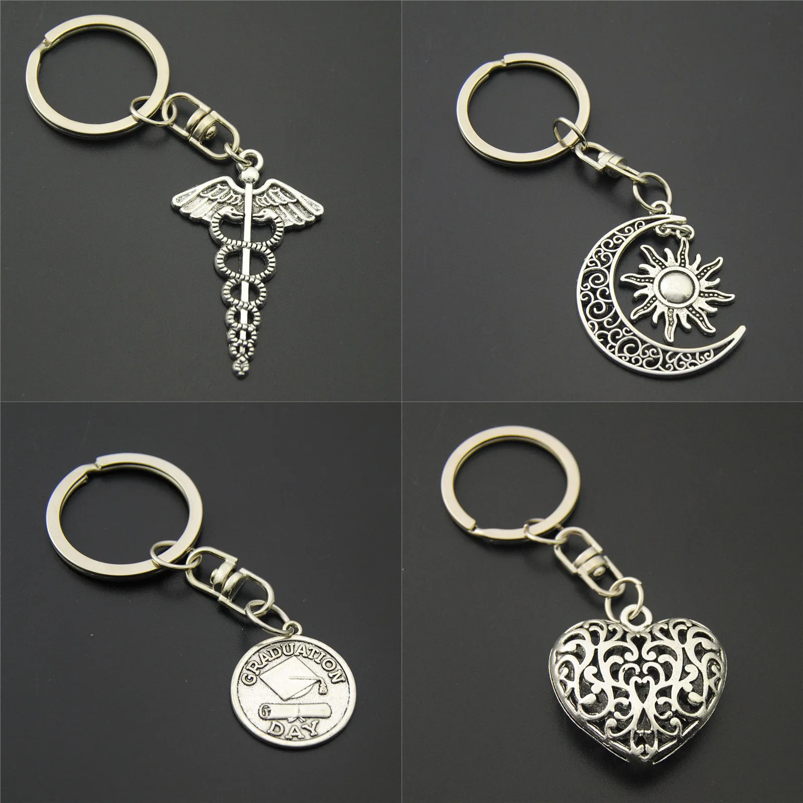 

1pc Anitue Silver Sun And Moon Charms Heart Keychains Symbol Mercurial Staff With Wing Snake Keyring Diy Handmade