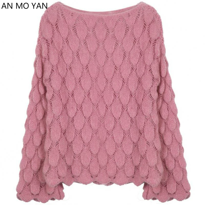 

Soft Mohair Thin Section Hollow Harajuku Knit Sweater Spring Red Fashion Trumpet Sleeve Loose Pullover Sweet Style Female Tops