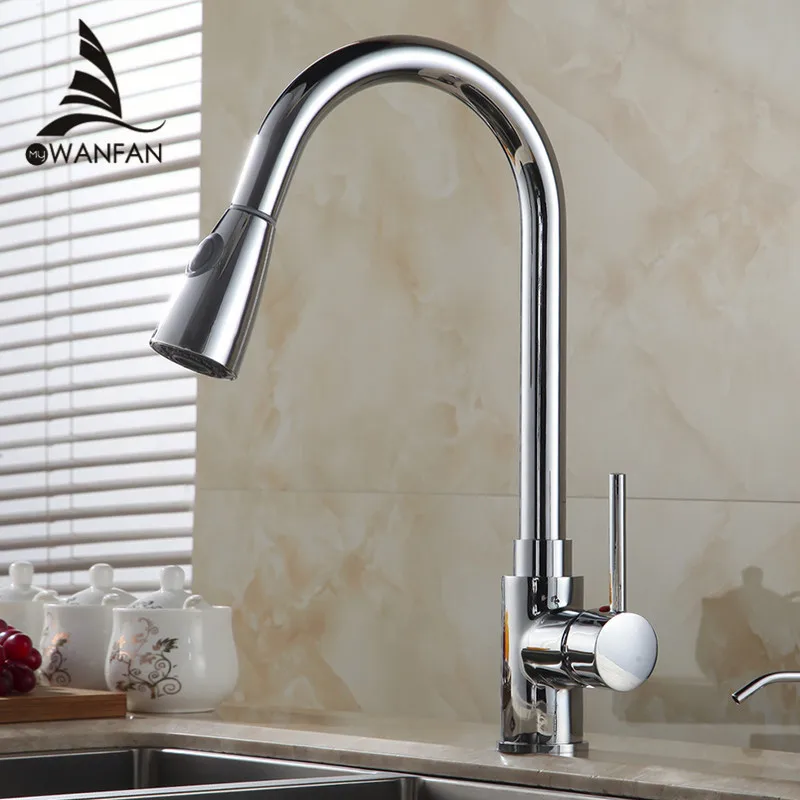  Kitchen Faucets Silver Single Handle Pull Out Kitchen Tap Single Hole Handle Swivel 2-Function Wate - 32869222359