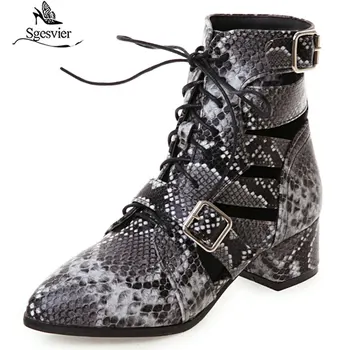 

Sgesvier big size 33-46 new summer ankle boots lace up ladies shoes med heels shoes cross tied snakeskin women boots G551