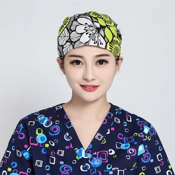 

2019QHS Lab Printed Hospital Operation Surgical Cap Unisex Medical Caps for Doctors Nurse 100% Cotton Adjustable At Back 9162