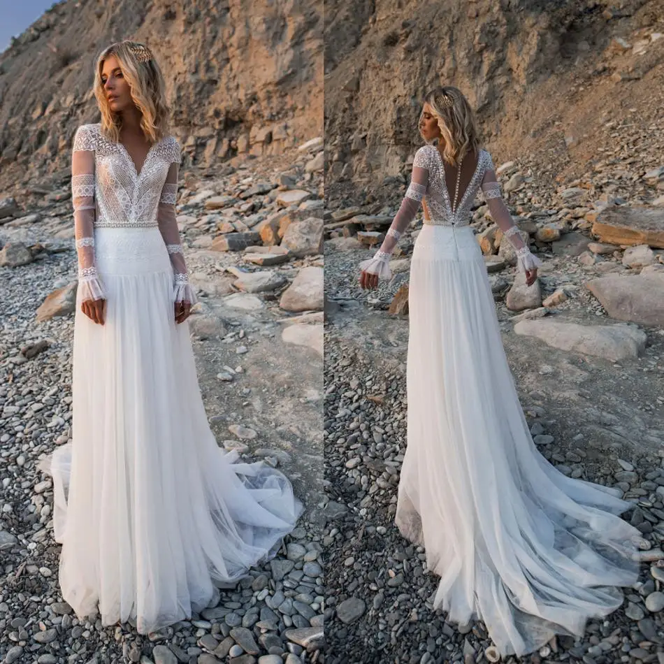 2019 Bohemian Wedding Dresses V Neck Long Sleeves Lace Appliques Bridal Gowns Beach A Line Wedding Dress Robe De Mariee