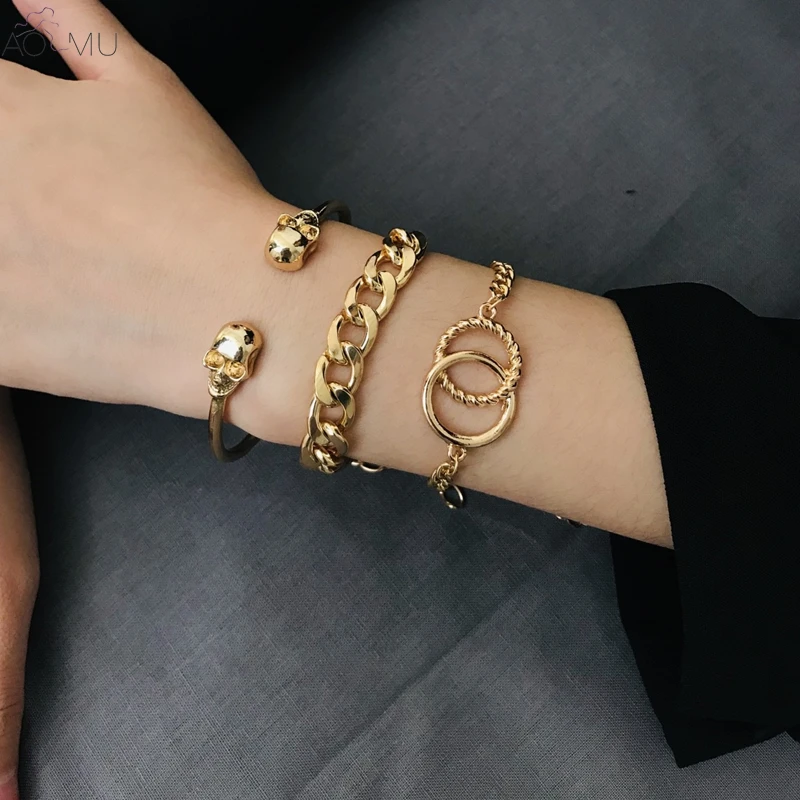 

AOMU 3pcs/set Punk Creative Skull Wide Metal Chain Geometric Double Circle Cross Bracelet for Women Girl Bangle Jewelry