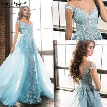 

Sky Blue Evening Dresses Mermaid Cap Sleeves Lace Beaded Islamic Dubai Saudi Arabic Long Evening Gown Prom Dress