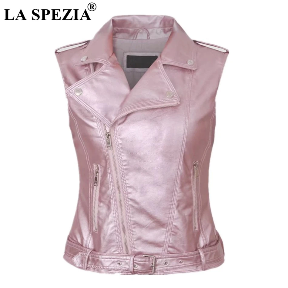 LA SPEZIA Biker Waistcoat Women Pink Streetwear Vest Ladies Belt Faux Leather Punk Zipper Short Female Sleeveless Jackets Black