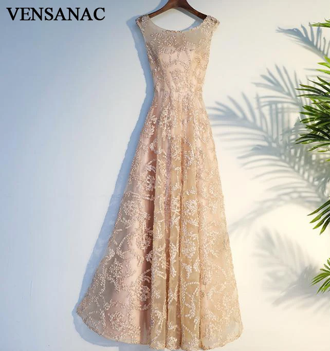VENSANAC 2018 O Neck Lace Appliques A Line Long Evening Dresses Elegant Party Sleeveless Zipper Back Prom Gowns VENSANAC 2018 O Neck Lace Appliques A Line Long Evening Dresses Elegant Party Sleeveless Zipper Back Prom Gowns