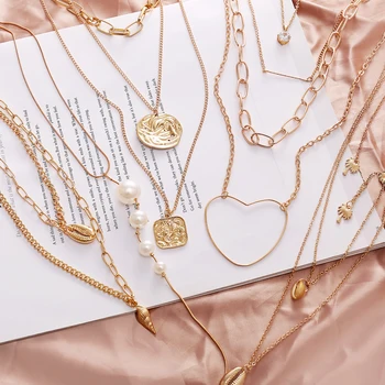 

17KM Women Necklace 2019 Multi layer Pearl Shell Choker Necklaces & Pendants For Ladies Trendy Charm Gold Sliver Fashion Jewelry