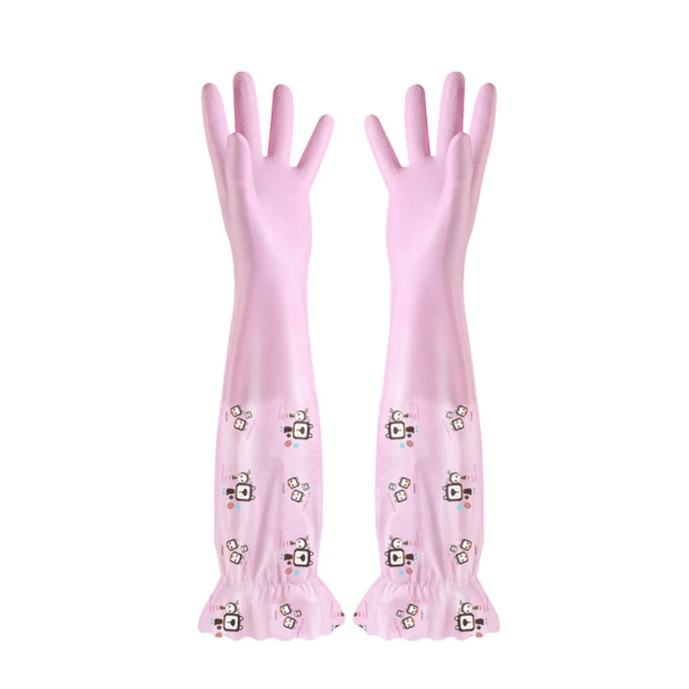 1 Pair Kitchen Elastic Band Long Sleeves Cleaning Gloves with Velvet Warm Gloves Household Waterproof Dishwashing Gloves