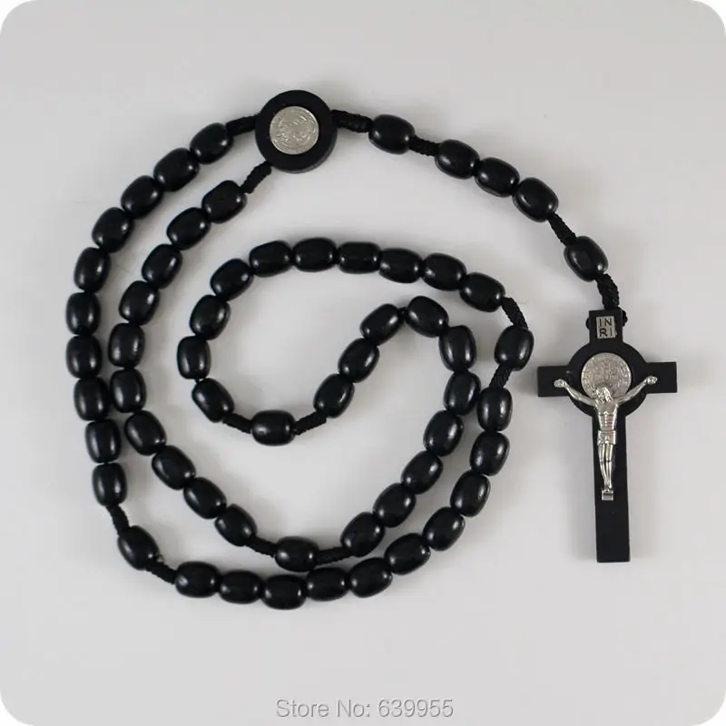 

Wood Rosary Beads Saint Benedict Medal INRI JESUS Cross Pendant Necklace Catholic Fashion Religious jewelry